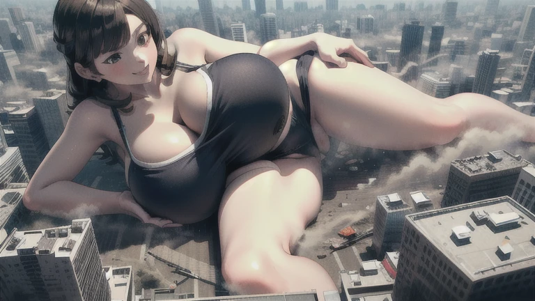 (One girl:1.5),,(Smile Beam:1.5),(whole body),((Huge breasts:1.6)),(垂れ下がったHuge breasts:1.6), ((Cleavage:1.5)),((Swimsuit:1.5)),, 40 years old,masterpiece,super high quality, Very detailed,Perfect photo,3D,8k,High resolution,Enchanting anime girl, Medium Hair:1.3,Black Hair,(black eye:1.5),Sporty hairstyles,Smooth anime CG art,Huge breasts、Realistic、Perfect body line、aerial photograph、aerial photograph、Destroying the city with a smile、 (A giant girl bigger than a skyscraper destroys the city of Shibuya:1.5)、cute、 bikini、cute、Lying Empress