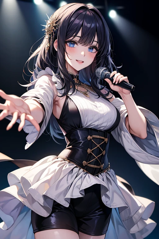 masterpiece, masterpiece_portrait, distinct, distinct_image, high_resolution, highres, high_quality_anime, high_quality, hyper_detail, finely_detailed,4K, YUJU, GFRIEND, KPOP , sexy body, ((black hair)), blue eyes, smile, happy, KPOP idol singer costume, Singing and dancing on a fancy broadcasting station stage, ((Holding a white microphone in one hand))