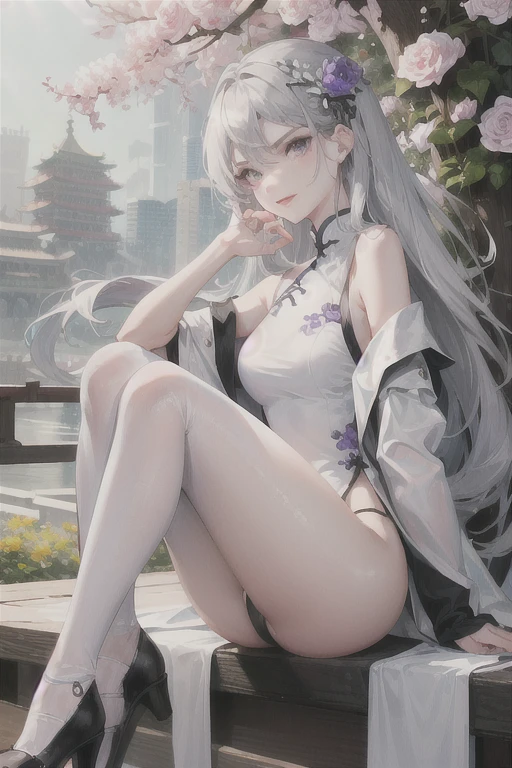masterpiece, Excellent, daytime, outdoor, Falling Flowers, Branches, Chinese, China, 1 girl, Perfect Woman, woman with long silver hair, Gray blue eyes, Light pink lips, cold, Serious, boom, Purple Eyes, White clothes, Black clothing series, Delicate face, Delicate face, Sitting Legs, Smile,Show your butt