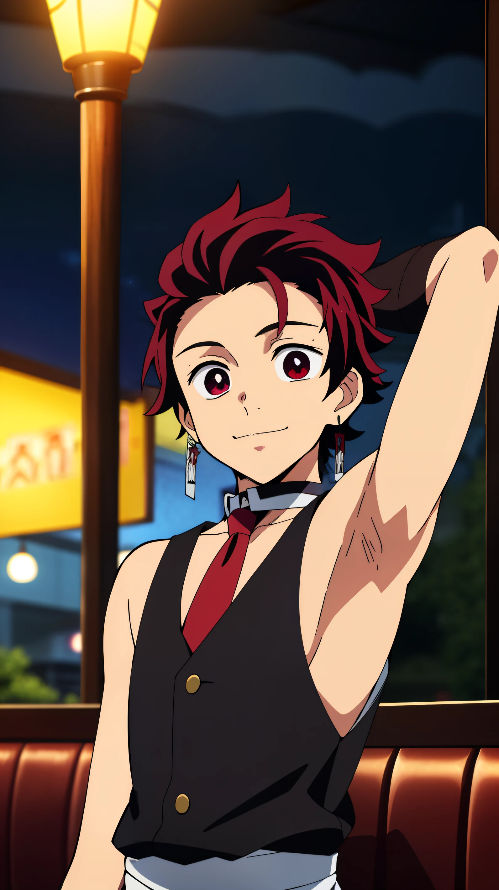 Highres, Masterpiece, Best quality at best,Best Quality,hight quality, hight detailed, Anime style, 1boy, Boy, Shota, Solo person, Tanjiro_kamado, Demon slayer, Earring, Sleeveless vest, Tie, Gloves, Choker, Restaurant, Waiter, night day, Slim body, Smile greets customers, (Showing armpit:1.3), Body, Blurry beckground, Seen from the front, ( boy), (very small and short body)