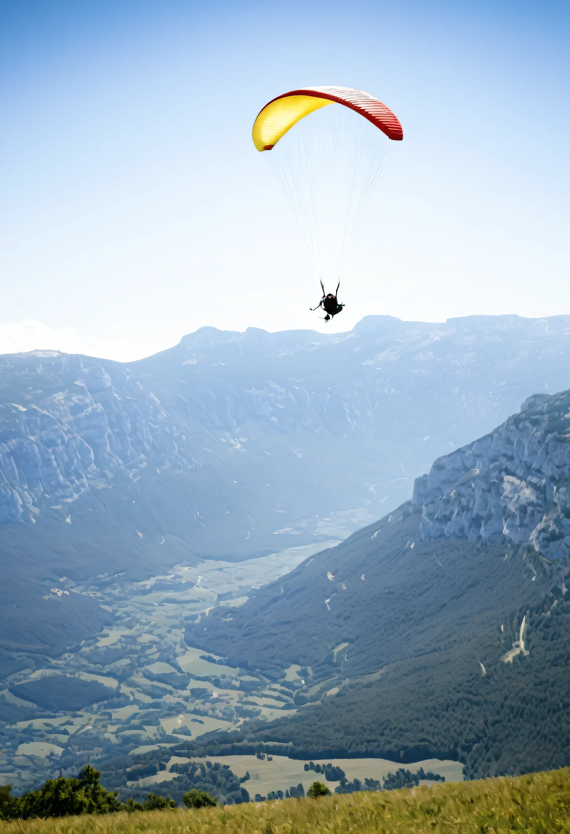 dans le vercors, a Land en vercors, hyperrealistic photo of a paraglider without a mountain and plain setting