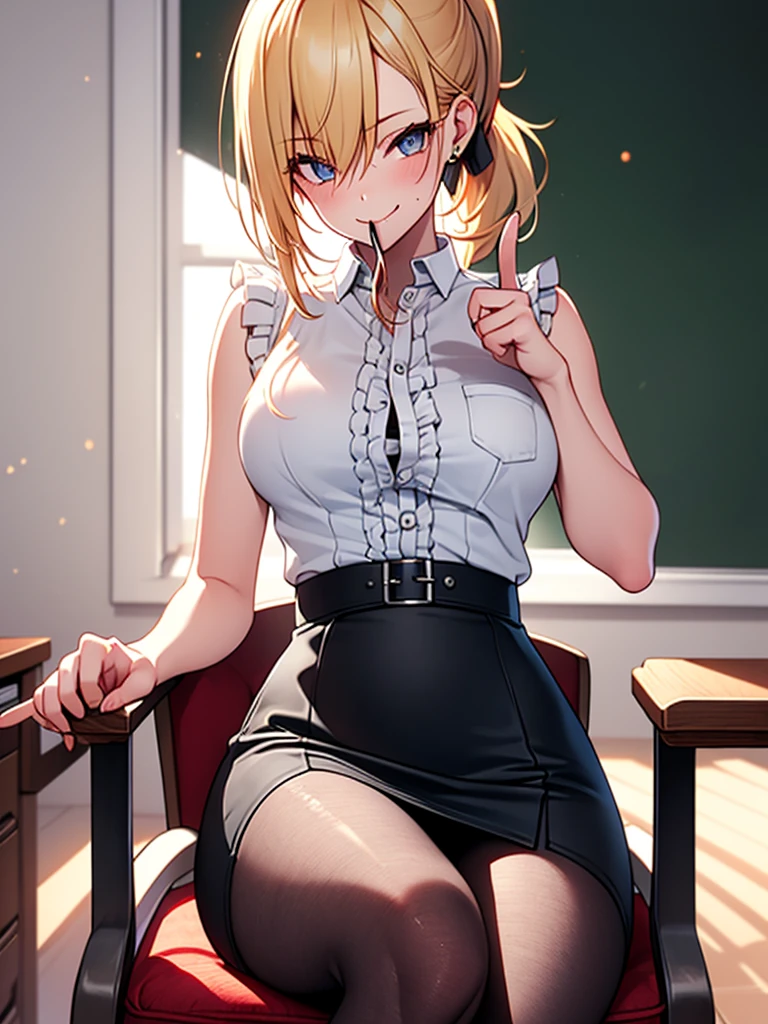 (highest quality, High resolution, perfect pixel, Depth of bounds written, 4K), upper body, (chair), (desk), (looking down), (detailed eyes), (1 lady), tall, (skinny body:1.2), (thin thighs:1.2), (Narrow hips:1.2), (teacher:1.2), (white sleeveless frilled shirt:1.2), middle breasts, blond hair, (ponytail:1.2), (black pencil skirt:1.2), (slit), (pantyhose:1.2), (sitting), (crossed legs), (put index finger on mouth:1.2), (seductive smile),