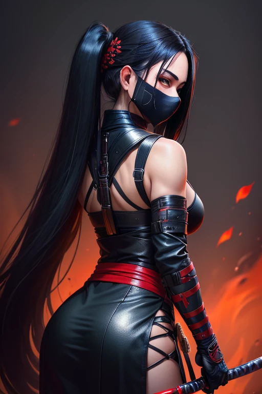 ((best quality)), ((masterpiece)), (detailed), Female shinobi looking back, shot from behind, masked, visible long black hair, with katana, dark padded outfit with leather and metallic accessories, black and red, dark tones, muted colors, high contrast, hyperrealism, black backdrop, minimal lighting