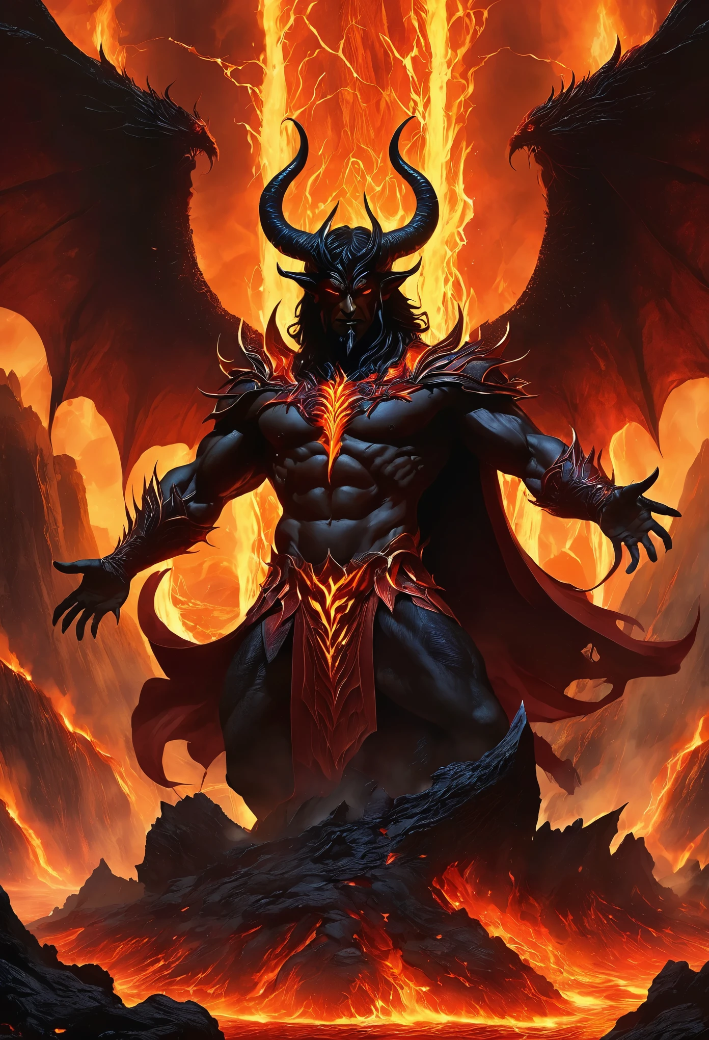 incarnation, Traditionally known as Lucifer, Rule with confidence in a hellish environment. He is surrounded by monsters.,They are his army.. Fiery cliffs and lava rivers form the backdrop, And tortured souls fill the gloomy outlook. The awe-inspiring grandeur of this hellish kingdom evokes a nightmarish epic..