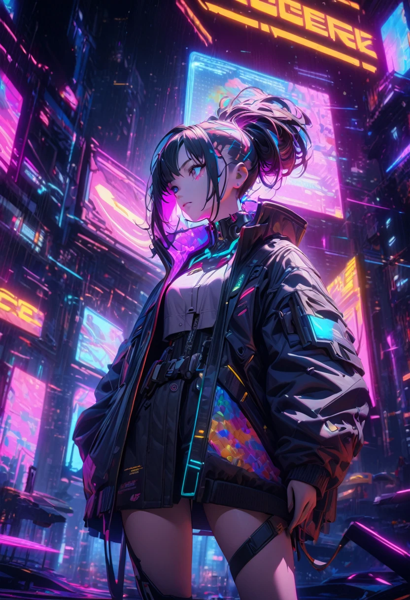 A girl in a colorful cyber space, detailed cyberpunk girl, wearing cyberpunk outfit, cyberpunk hairstyle, lots of floating sweets in cyberspace, neon lights, glowing cyberspace, surreal cyberscape, psychedelic colors, dramatic lighting, cinematic composition, (best quality,4k,8k,highres,masterpiece:1.2)