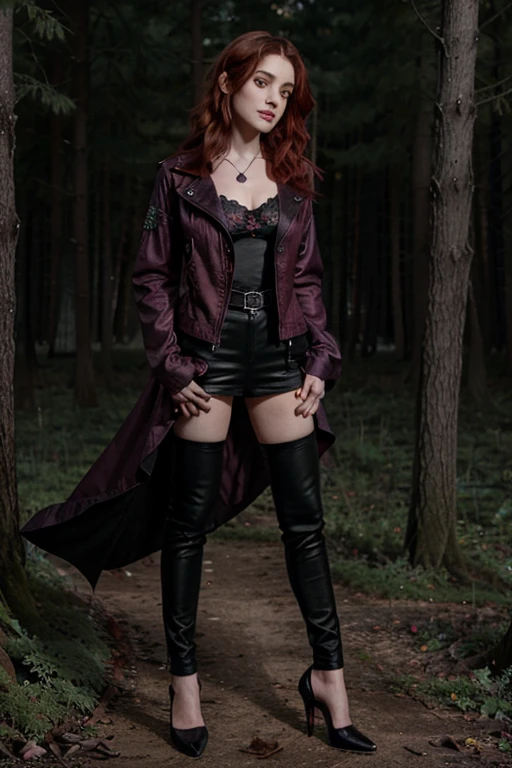 Emmy Rossum, Ridley Duchannes,  Wolf, 20 years old, short messy light red hair, green eyes, red gothic style open jacket, violet blouse with black flower print, black heels, fox pendant, black fox print. Forest background aura around black color.