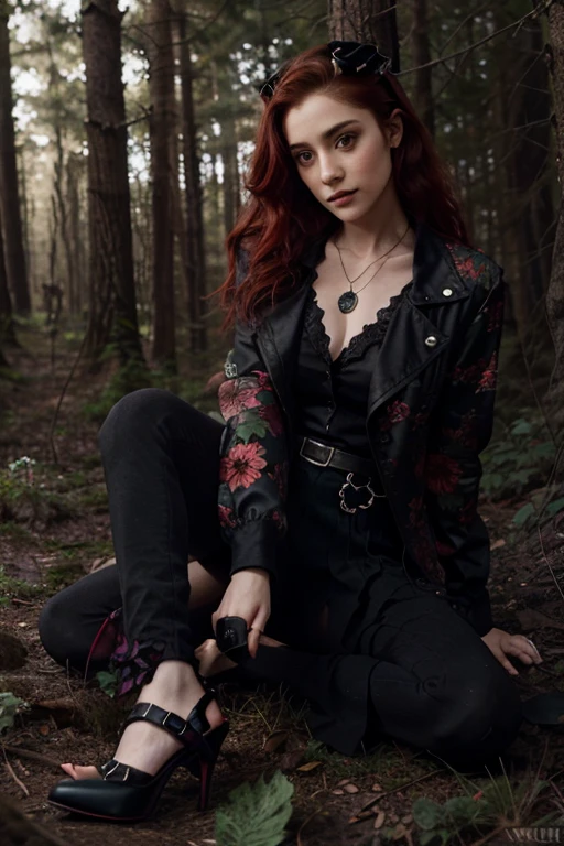 Emmy Rossum, Ridley Duchannes, Teen Wolf, 20 years old, short messy light red hair, green eyes, red gothic style open jacket, violet blouse with black flower print, black heels, fox pendant, black fox print. Forest background aura around black color.