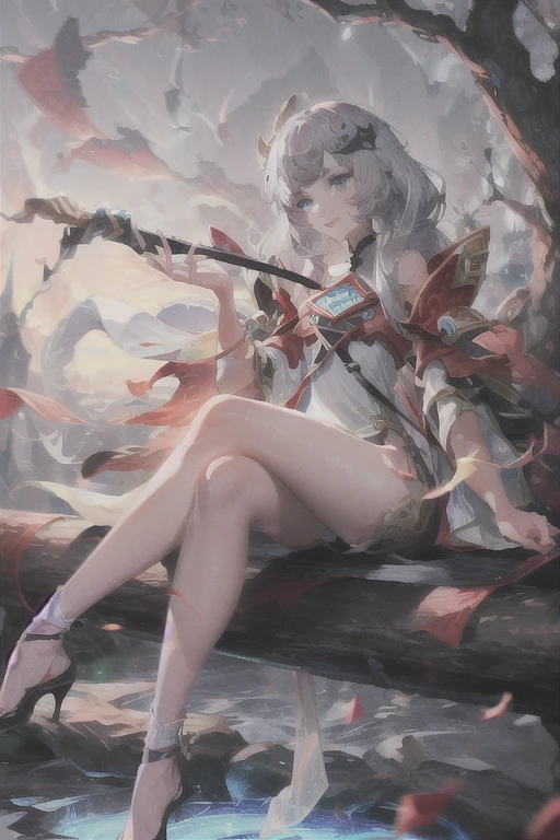 masterpiece, Excellent, daytime, outdoor, Falling Flowers, Branches, Chinese, China, 1 girl, Perfect Woman, woman with long silver hair, Gray blue eyes, Light pink lips, cold, Serious, boom, Purple Eyes, White clothes, Black clothing series, Delicate face, Delicate face, Sitting Legs, Smile