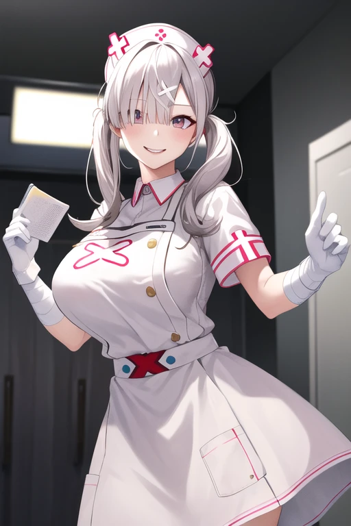 masterpiece, highest quality, High resolution, SK1, White gloves, bandage, White apron, Short sleeve, nurse, bandageを巻いた腕, Wrist cuff, White Dress, tooth, Cowboy Shot, Are standing, Hospital beds, Wicked Smile, （Huge breasts:1.5）