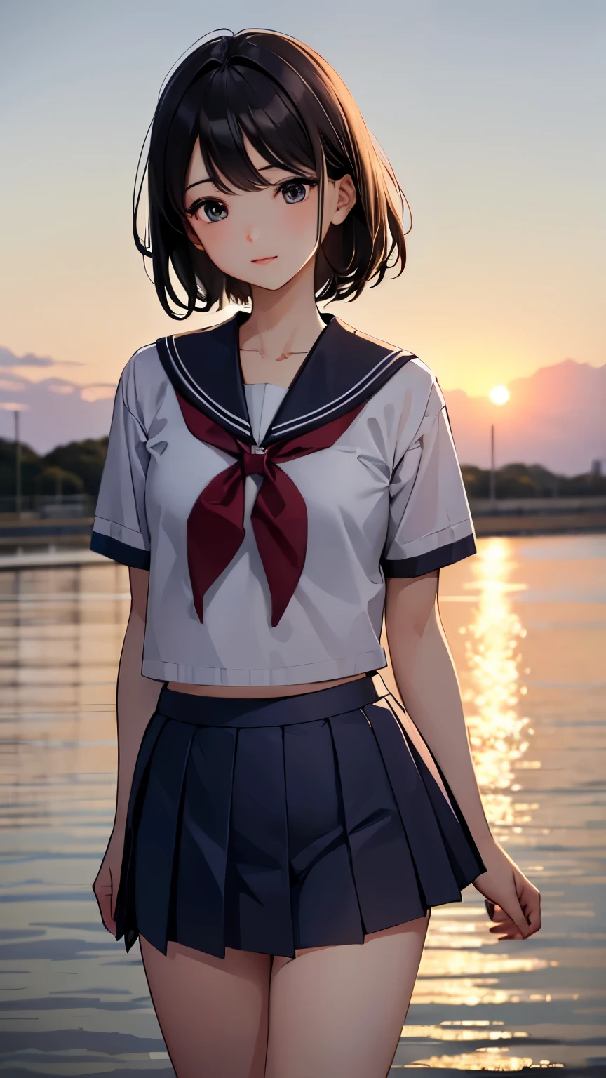 (highest quality, 4K, High resolution, masterpiece:1.2), Very detailed, one person, woman, (ＪＫ, , Sailor suit, Pleated skirt, Striped pants), Water reflection, Grace, Graceな動き, Sunset Colors, Great atmosphere, Blowing in the Wind, Provocative Hips, Beautiful fine details, Beautiful lip detail, Long eyelashes, Bright colors, Soft and warm color palette, Great lighting, Blurred Background, Graceな動き,