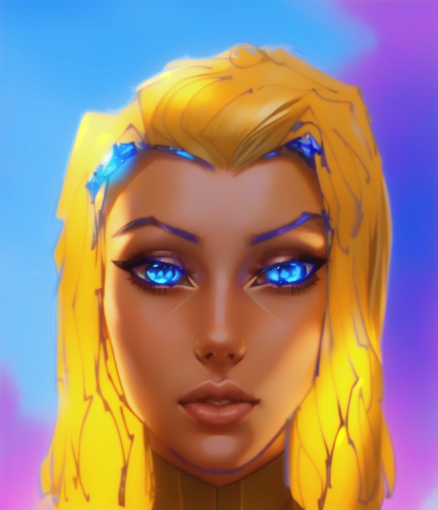 master piece, 8 k detail, beautiful girl with blue gem stones as her pupils. glossy lips, pretty face, blonde hair, blue sky.