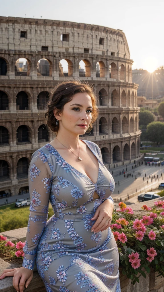 Realistic portrait of a mature woman, wearing Flowers motif, blue dresses, elegant patterned . Location of the most beautiful colosseum, outdoor, sunset. Soft lighting, She should have a natural appearance, curvaceous forms, blue eyes, gray hair. Shoot this image in high resolution with a 35mm lens to get a good perspective.”