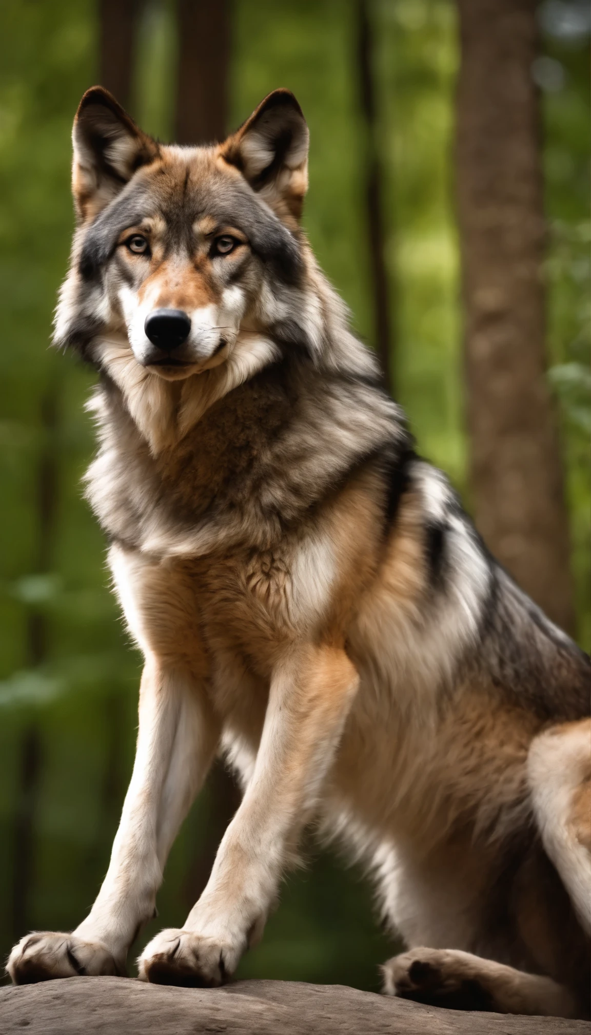 arafed wolf laying on a rock wall in a wooded area, fur hdr, photo of wolf, intense dramatic hdr, dark grey wolf, furry wolf, on a dark rock background, portrait shot, great wolf, regal pose, lone wolf, portrait of rugged zeus, wolf, hdr photo, wolves and their treasures