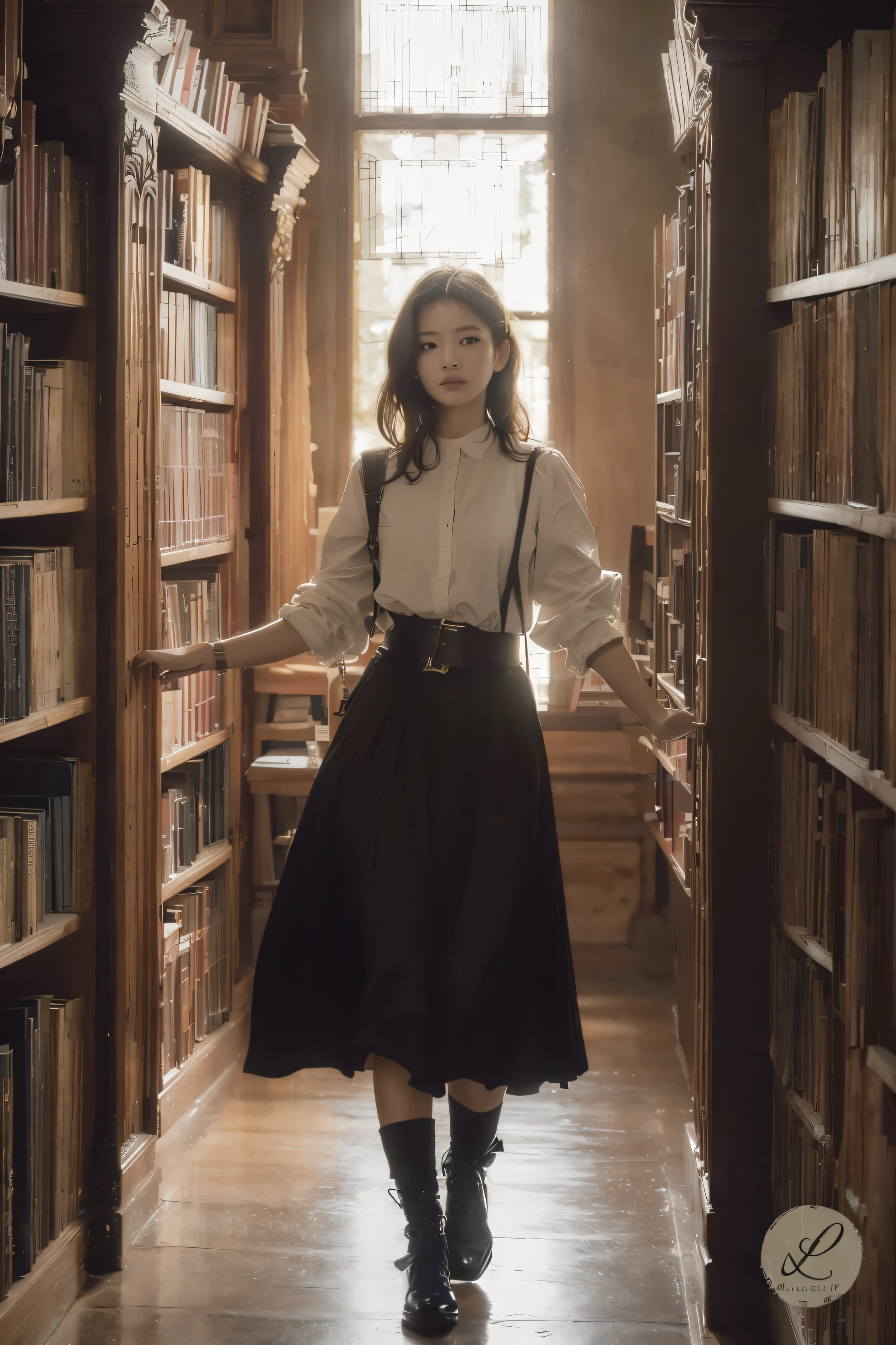 arafed woman in a library with bookshelves and a window, the librarian, bae suzy, wearing 10s era clothes, in a gloomy library, librarian, dark academia, victorian style costume, mid shot portrait, classical witch, blackpink jennie, standing inside a magic library, dark academia aesthetics, cinematic outfit photo, victorian inspired clothing