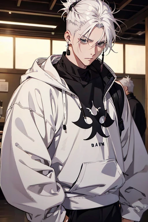 anime man gradient young white hair low on shaved sides turns hair to the left side in the middle serious face with black earrings sweatshirt dark circles under the eyes black big hair chestnut large hair extremely