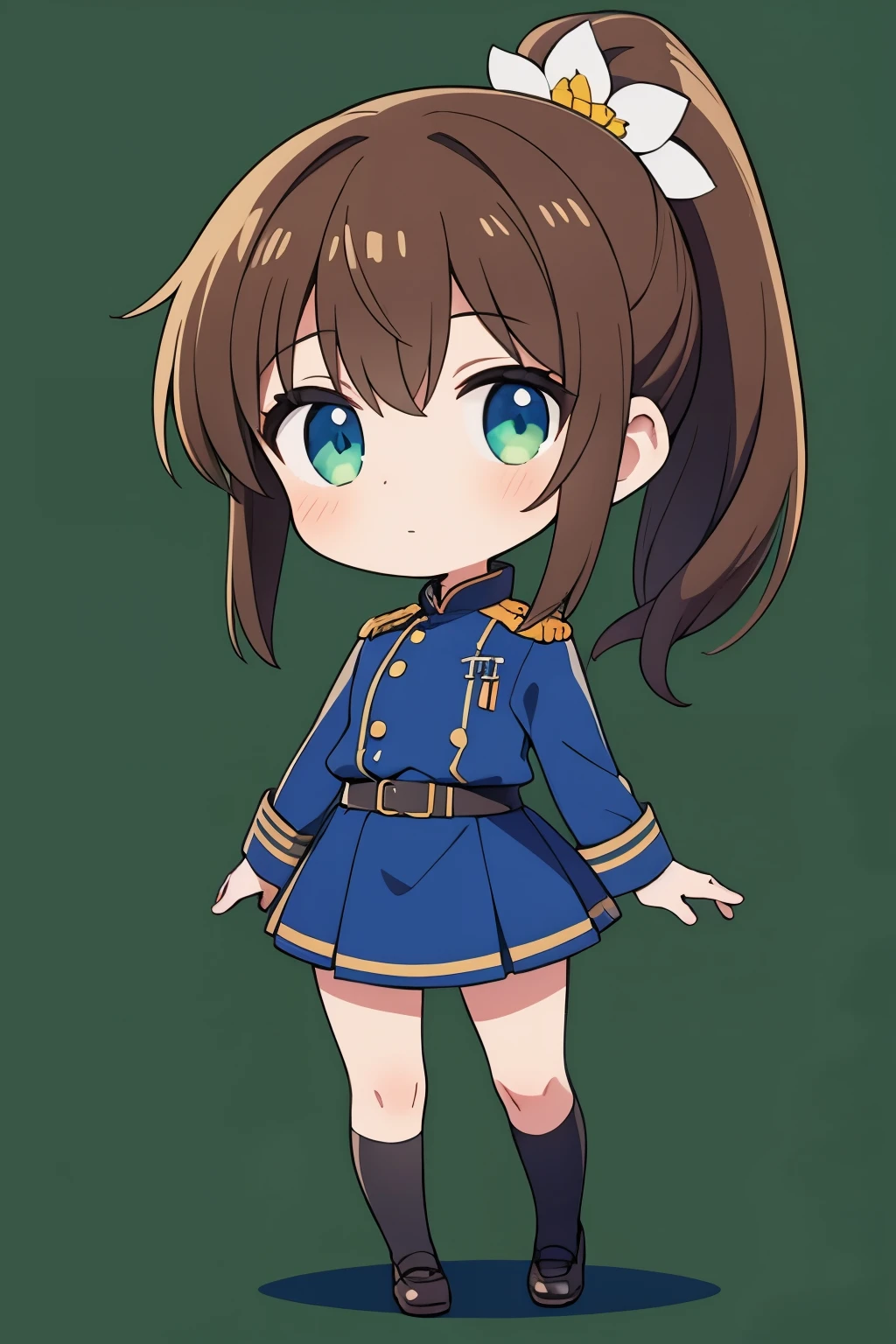 1girl, blue finnish military uniform , black tights , blue belt , brown hair, ponytail hair flower hair ornament, chibi, full body, green background, 