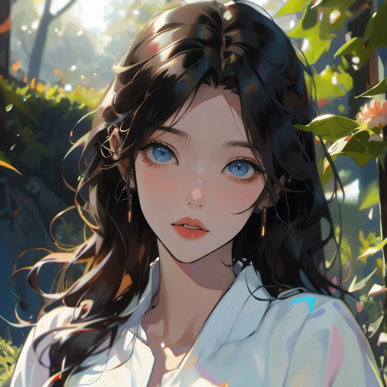 anime girl with black hair and blue eyes and a highlight in her hair, rainbow forest background, sunray,anime art wallpaper 8 k, detailed digital anime art, anime style 4 k, anime art wallpaper 4k, anime art wallpaper 4 k, trending on artstation pixiv, digital art on pixiv, 8k high quality detailed art, best anime 4k konachan wallpaper, portrait