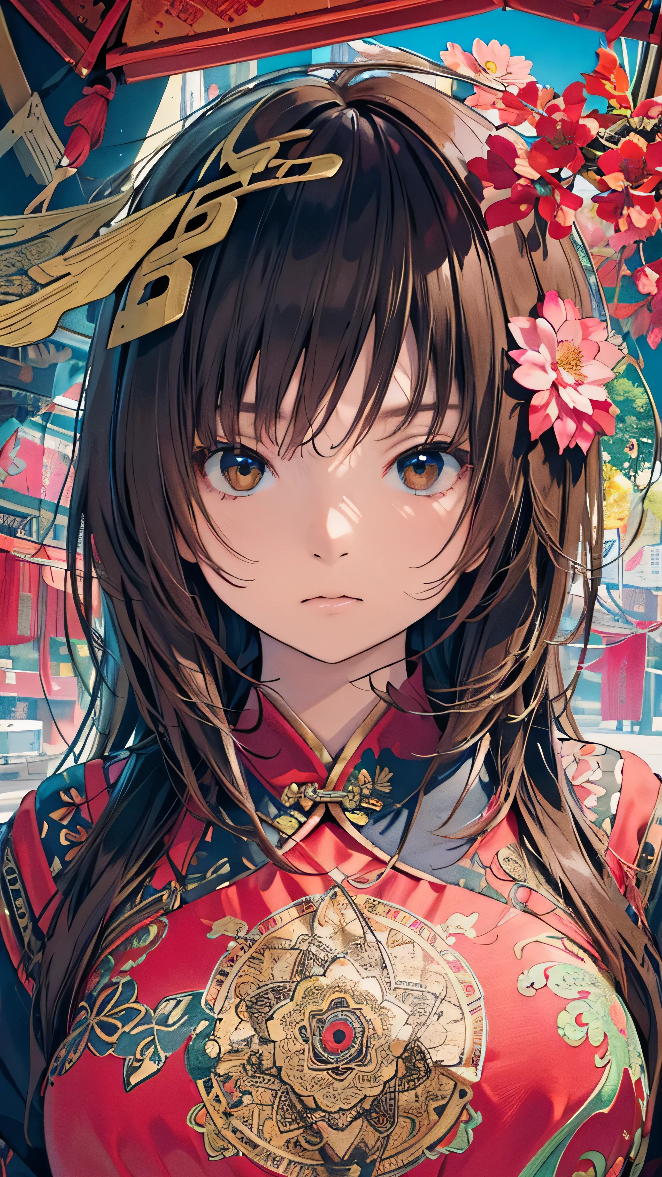 Official Art, wallpaper, Very detailed, (((Very detailedな目と顔))), shut up., masterpiece, highest quality, Realistic portraits, (ZenTangle, Mandala, Tangle, EnTangle), Complex clothing, Very detailed, Dynamic Angle, The most beautiful form of chaos, elegant, Brutalist Design, Vibrant colors, Romantic Chinese Flowers