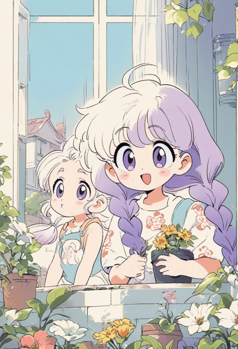 Best Quality,Official art,Wallpapers,90s Cartoons,Slight retro color,riso print style,Illustration,Cute,(2 girls),yinji, (purple hair, purple eyes, long hair, white hair, double braids, gradient hair),Flowers,Window,flower pots,hand drawn style,children's illustrations,flat illustrations,