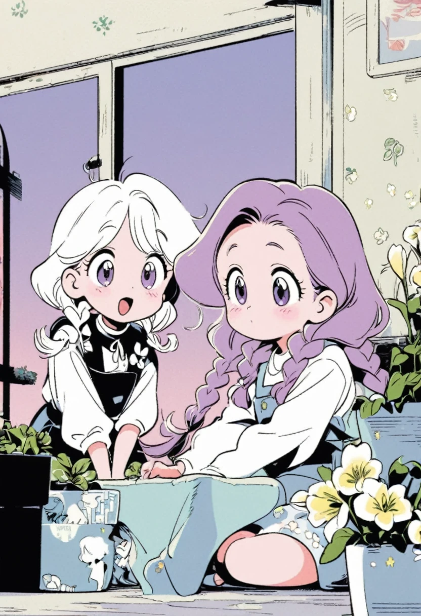 Best Quality,Official art,Wallpapers,90s Cartoons,Slight retro color,riso print style,Illustration,Cute,(2 girls),yinji, (purple hair, purple eyes, long hair, white hair, double braids, gradient hair),Flowers,Window,flower pots,hand drawn style,children's illustrations,flat illustrations,