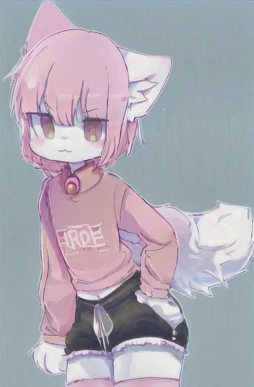 Anime boy with pink shirt and white crotch, und eine rosa Katze, fursona!!!!, female furry mini Niedlich style, Niedlich anime catboy, pelzige Fursona, Pelzige Kunst!!!, Holo is a wolf girl, pelzige Furaffinität, fursona art, Nyaruko-san, weibliche Fursona, nekomimi, Anime-Catboy, Fursona-Auftrag, Allein, dick_Schenkel, white outline, Niedlich, shy, solo, freier bauch, freie Oberschenkel