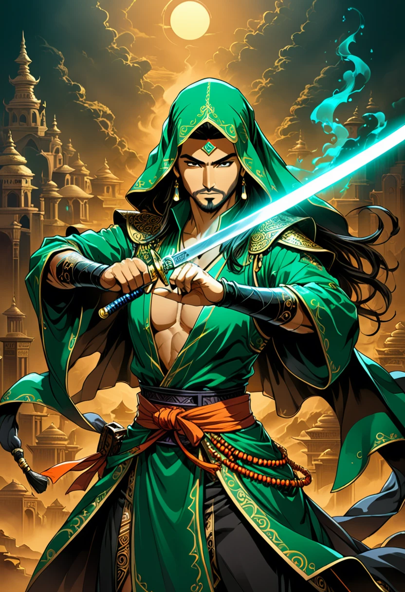 90s Cartoons, glamour portrait photo, a captivating vibrant dark green-neon capturing the essence of a Bedouin sorcerer in fight stance, defying expectations. ethereal, smoky backdrop, weapon, katana, holding sword, (masterpiece, best quality, Professional, perfect composition, very aesthetic, absurdres, ultra-detailed, intricate details:1.3)