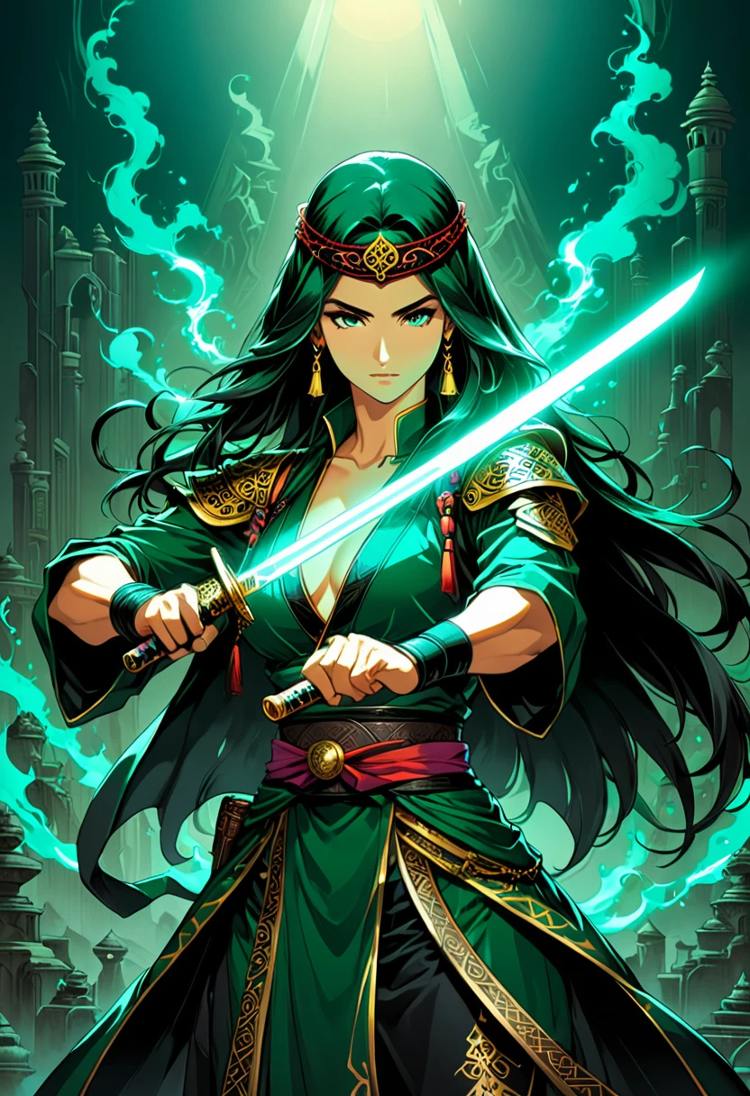 90s Cartoons, glamour portrait photo, a captivating vibrant dark green-neon capturing the essence of a Bedouin sorcerer in fight stance, defying expectations. ethereal, smoky backdrop, weapon, katana, holding sword, (masterpiece, best quality, Professional, perfect composition, very aesthetic, absurdres, ultra-detailed, intricate details:1.3)