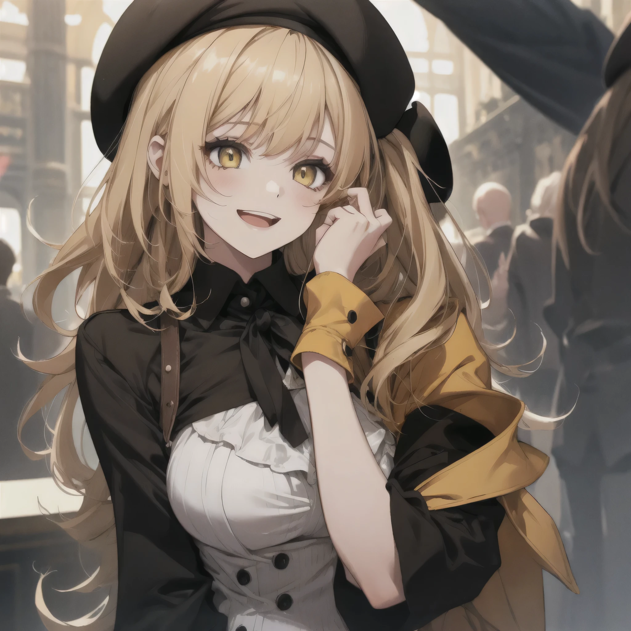1girl, long black with yellow highlights hair, happy, french beret