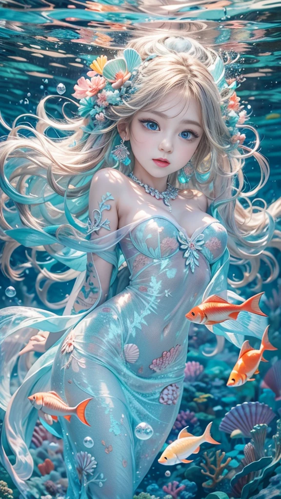 (RAW shooting, 32k:1.5, highest quality, masterpiece, Ultra-high resolution), (Deep sea at night:1.0, Dramatic moonlight:0.7, Mysterious underwater world:1.3, Expressions of sadness:1.0), Side Shot, Fractal Art:1.3, Perfect dynamic composition:1.3, Very detailedな肌と顔の質感:1.2, Dynamic flow of water waves:1.3, Beautiful shell and coral decoration, Surrounded by lots of colorful fish, Rich underwater vegetation, (The subject is being viewed from a distance:1.3, Slim mermaid figure:1.0, Shimmering Scales, Mermaid tail:0.5), elegant and sophisticated, Fair skin, Incredibly slim body:0.8, Very beautiful face, Water droplets on the skin, Very accurate, Very detailed, Gorgeous blue shiny mermaid dress portrait:0.8, Big eyes that exude beauty, Beautiful big lips,, Unreal atmosphere, necklace, Earrings, bracelet