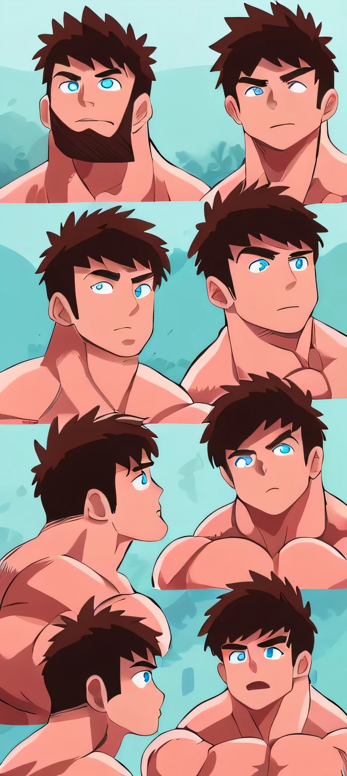 （tmasterpiece，Best quality at best，absurd res），1 person，Naked boys，is shy，Be red in the face，Shy，musculous，Detailed eyes，nakeness，(nakeness)，eBlue eyes，Bare topless，Upper body body，short blue-purple hair，（fluorescent light），（a color），（（abstract backgrounds））