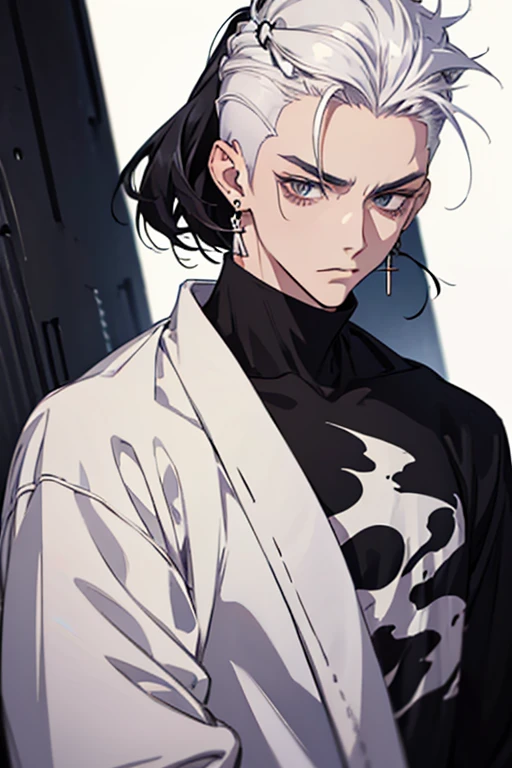 anime man gradient young white hair low on shaved sides turns hair to the left side in the middle serious face with black earrings sweatshirt dark circles under the eyes black big hair chestnut large hair extremely hair