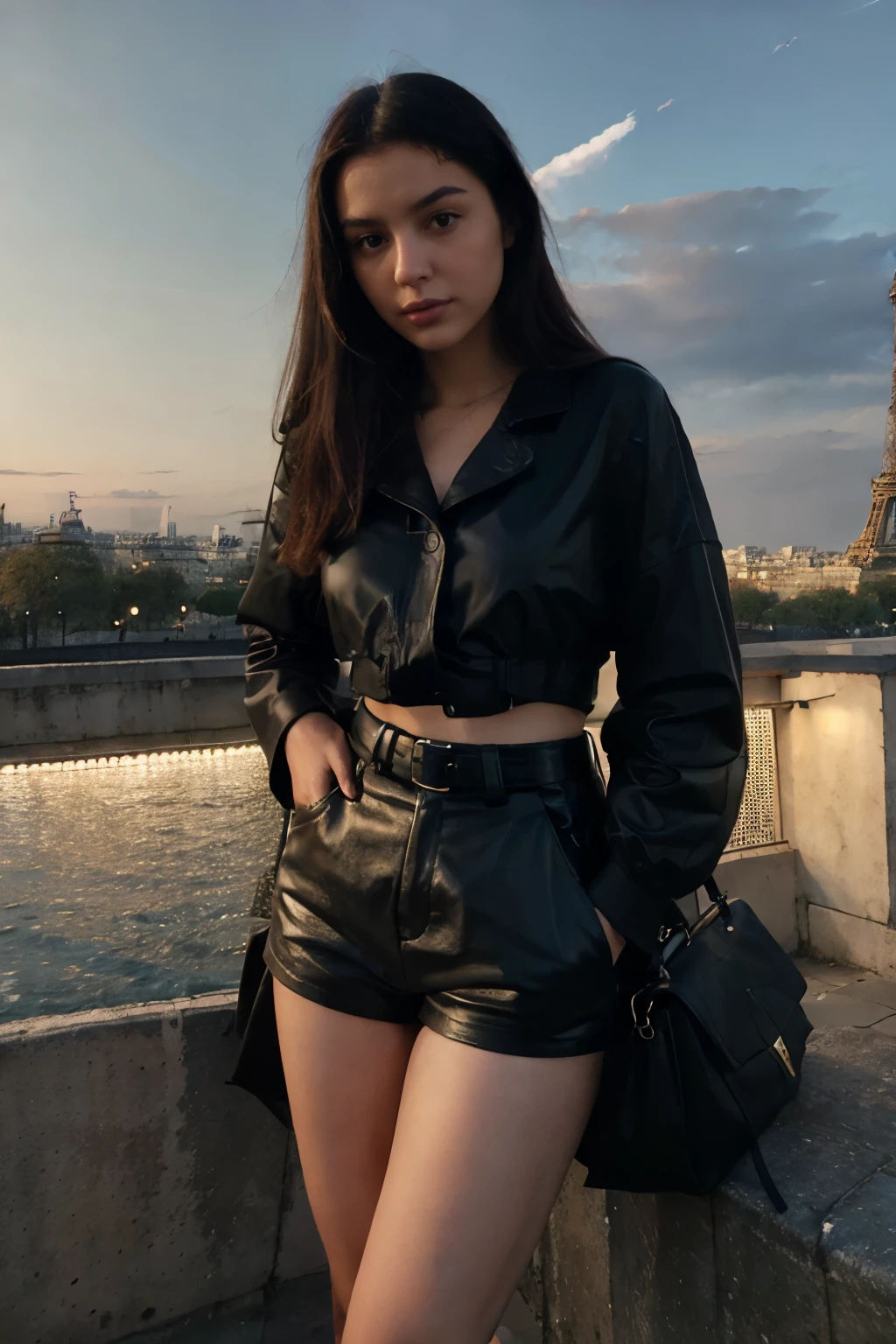 Albanian girl. Dark hair. Dark Eyes. . Younlt. Pretty body, perfect body, Beautiful young adult girl, sexy leather shorts, French fashion attire, Paris, Iconic Parisian views, Chic and elegant style, Romantic Paris setting, Eiffel Tower backdrop, Stylish French streetwear, Urban Paris landscape, panoramic view, super high definition, perfect shot, perfect pose, Canon 5D Mark 4