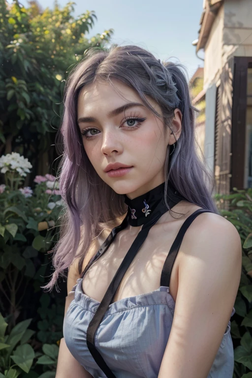 woman with a European face, Aryan face, Silvery-purple hair, pale purple blue hair, Bright blue eyes, hair tied and falling over the right shoulder. she has a (Best Quality, 4k, 8K, hight resolution, Masterpiece:1.2) Ultra-detailed features, including realistic, Photorealistic eyes and face. The image shows a medium (Insert Material) that resembles an illustration, oil painting, or 3D rendering. Girl in garden with bright flowers and sharp focus, soft studio lighting. The overall atmosphere is calm and serene, with a touch of unearthly beauty. The color scheme is dominated by shades of black, Creating a dreamy and surreal aesthetic