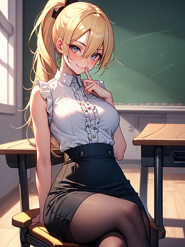 (highest quality, High resolution, perfect pixel, Depth of bounds written, 4K), upper body, (chair), (desk), (looking up), (detailed eyes), (1 lady), tall, (skinny body:1.2), (thin thighs:1.2), (Narrow hips:1.2), (teacher:1.2), (white collared shirt:1.2), (sleeveless:1.2), (cleavage), (purple Bra visible through the gap in the shirt), middle breasts, blond hair, (ponytail:1.2), (black pencil skirt1.2), (high waist), (side slit), (pantyhose:1.2), (leaning forward), (tongue licking), (fellatio), (penis), (1 boy), (embarrassed), blush, open mouth, 