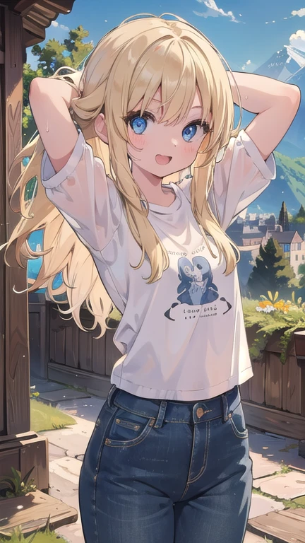 (masterpiece:1.2), (highest quality:1.2), Perfect Eyes, Perfect Face, Perfect lighting, middle ages, middle ages, summer, sunlight, Mountainous Regions, 1 girl, Blonde, Noble long hair, Medium Hair, blue eyes, , open mouth, scared, arms behind head, sweat, front, Small breasts, ((smile)), fang, Cool shirt, Denim pants