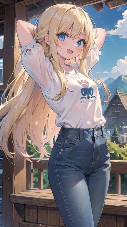 (masterpiece:1.2), (highest quality:1.2), Perfect Eyes, Perfect Face, Perfect lighting, middle ages, middle ages, summer, sunlight, Mountainous Regions, 1 girl, Blonde, Noble long hair, Medium Hair, blue eyes, , open mouth, scared, arms behind head, sweat, front, Small breasts, ((smile)), fang, Cool shirt, Denim pants