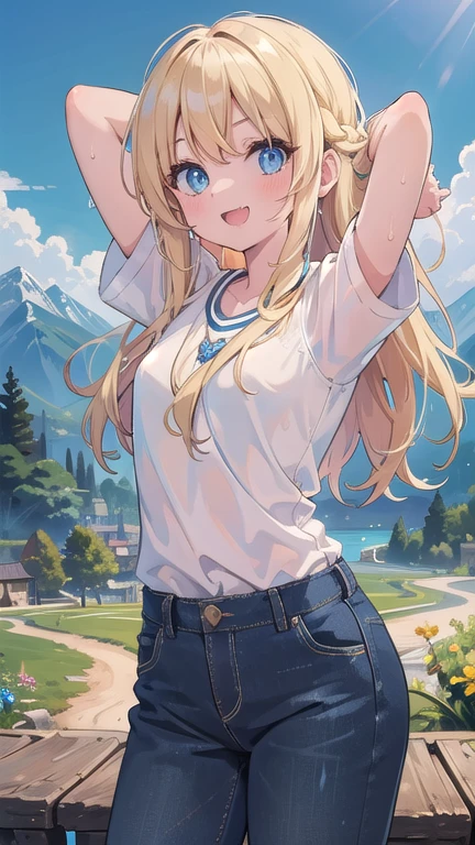 (masterpiece:1.2), (highest quality:1.2), Perfect Eyes, Perfect Face, Perfect lighting, middle ages, middle ages, summer, sunlight, Mountainous Regions, 1 girl, Blonde, Noble long hair, Medium Hair, blue eyes, , open mouth, scared, arms behind head, sweat, front, Small breasts, ((smile)), fang, Cool shirt, Denim pants