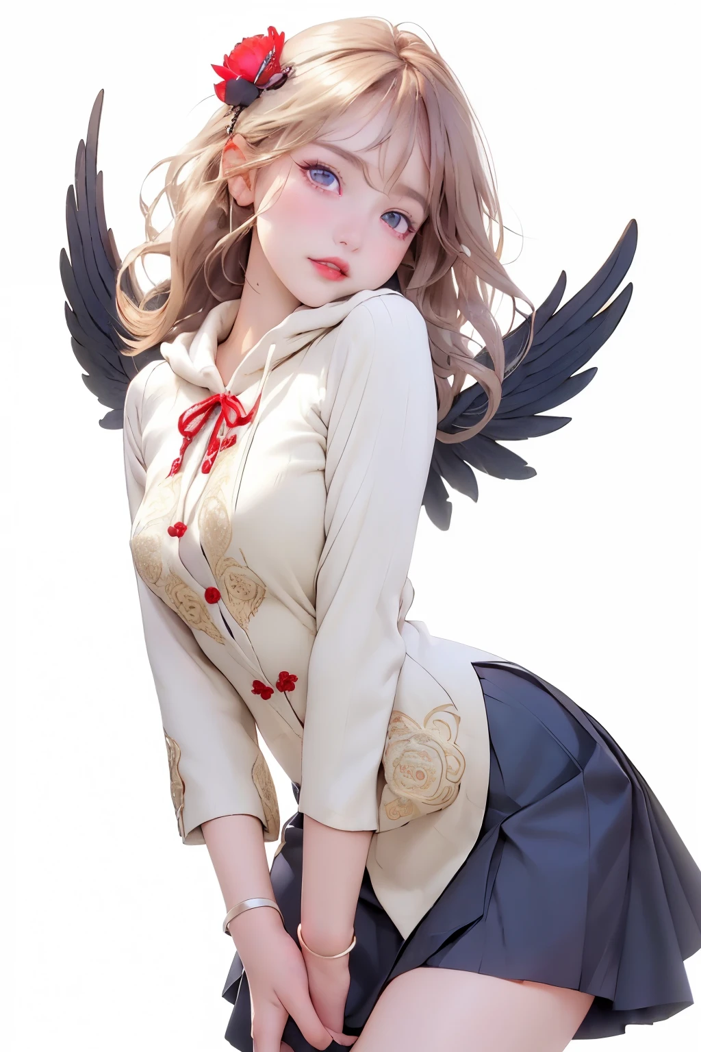 ((best quality)), ((masterpiece)), (detailed), perfect face, ((best quality)), ((masterpiece)), (detailed), perfect face(Golden ratio:1.2),(Fault color:1.3),[(White background:1.4)::10], (full bodyesbian:1.2),(Ultra-detailed:1.3), （white color background）white background, plain background (colorful ink paper flower grow on the face:1.2), teens girl，White hair，Red glowing eyes, photorealestic,（（（Red and white trench coat））），（Red scarf)，a black pleated skirt，black t-shirts，longer sleeves，（（With a hood）），((Multiple pairs of angel wings))，side-lighting, NSFW, Depicting female characters from ethereal anime in a high-quality anime art style，，，8K，Red and white shoes with a sense of technology，(chaotic geometric images:1.3),(nagative space:0.8),(Drawing board:1.3), (ether colorful ink flowing:1.3), a knight, white background, plain background, Bloodborne inspired, tatty Bloodborne attire, occult aesthetic, occult, tatty red and white clothing detailed and intricate steampunk and detailed gothic lolita (with a hood), long coat, Complex laced boots, Fluttering lace flared long knee length dress with frilly petticoats, long dress, knee length dress, pleated petticoats, lolita dress, petticoats gothic lolita, beautiful small breasts, (((( Highly detailed face))), small thin nose, Small thin lips mouth, (((Very sharp focused eyes))), Very large slit precision pale grey eyes that shine like jewels. very long eyelashes, Silver hair swaying in the wind, Emitting a dazzling light in a mandala pattern, white background, Very dramatic and cinematic lighting, tatty damaged old red and white clothing, full body, whole body, body, cosmic horror, grim dark