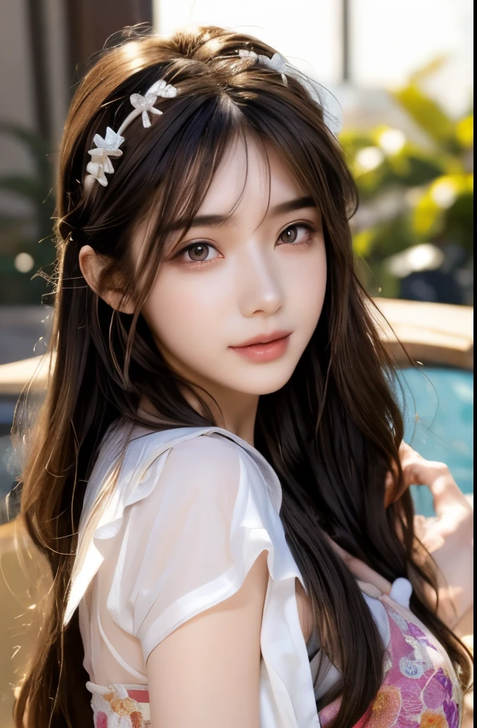 best quality, masterpiece, Ultra-high resolution, lifelike, (panoramic:1.5), (1 girl),(long hair),(Hair accessories:1.4),女孩的身边有一座古老的宫殿whole body黑丝,Black Focus, Good shape, whole body，Random Pose Reference, Single eyelid eyes, High nose bridge、Pointed nose, V-Shaped Face, Pale skin, Smile, Bokeh