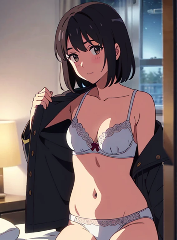 shinkai makoto, kimi no na wa., 1girl, bangs, black hair, brown eyes, short hair, solo, blush, looking at the viewer, collared shirt, long sleeve shirt, white shirt, unbuttoned shirt, open shirt, navel ,covering her chest, sit on bed, sexy pose, cute, bedroom, night, white bra, breast, medium breast, white panties, masterpiece,