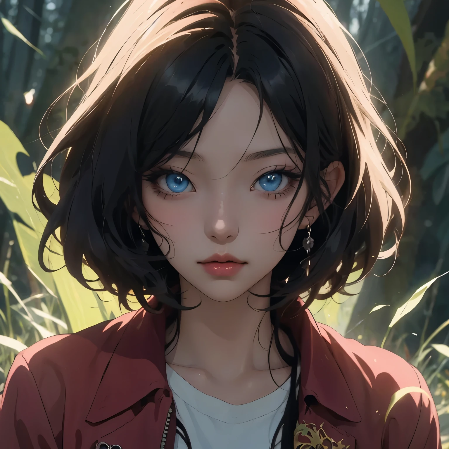 anime girl with black hair and blue eyes and a highlight in her hair, rainbow forest background, sunray,anime art wallpaper 8 k, detailed digital anime art, anime style 4 k, anime art wallpaper 4k, anime art wallpaper 4 k, trending on artstation pixiv, digital art on pixiv, 8k high quality detailed art, best anime 4k konachan wallpaper