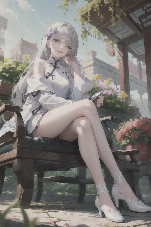 masterpiece, Excellent, daytime, outdoor, Falling Flowers, Branches, Chinese, China, 1 girl, Perfect Woman, woman with long silver hair, Gray blue eyes, Light pink lips, cold, Serious, boom, Purple Eyes, White clothes, Black clothing series, Delicate face, Delicate face, Sitting Legs, Smile