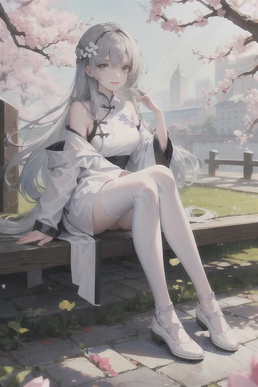 masterpiece, Excellent, daytime, outdoor, Falling Flowers, Branches, Chinese, China, 1 girl, Perfect Woman, woman with long silver hair, Gray blue eyes, Light pink lips, cold, Serious, boom, Purple Eyes, White clothes, Black clothing series, Delicate face, Delicate face, Sitting Legs, Smile