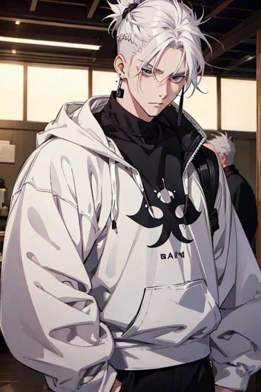 anime man gradient young white hair low on shaved sides turns hair to the left side in the middle serious face with black earrings sweatshirt dark circles under the eyes black big hair chestnut large hair extremely