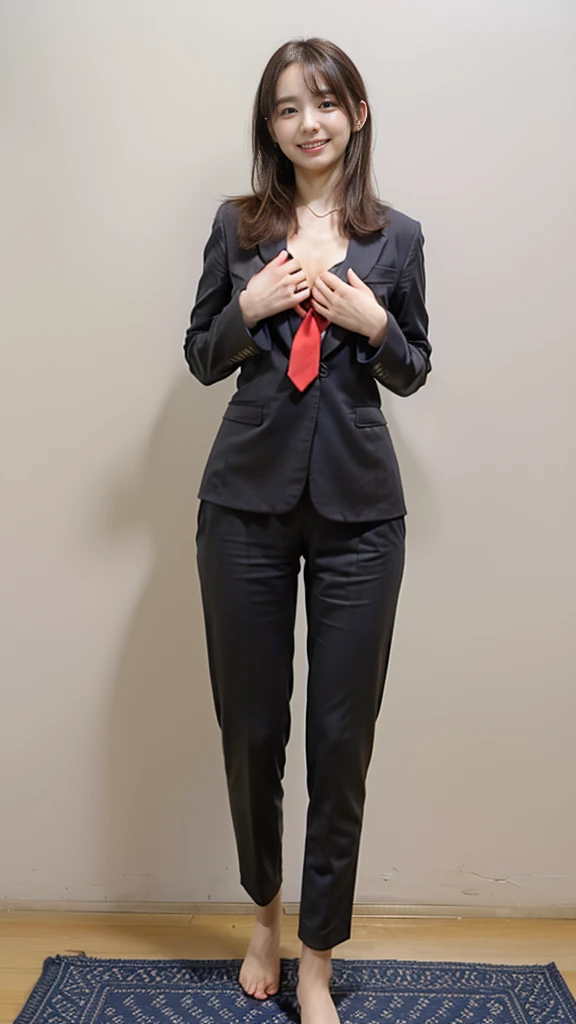 (8k、RAW Photos、highest quality、masterpiece:1.2)、(Realistic、Realistic)、1 girl、((large size black suit、red tie、rub my chest、pants suit、turn knees out、pelvic forward、over size suit、Woman grabs her own breasts、boyish、tom boy、public indecency、bend knees、 sexy suit、mens suit、large suit、hutanari 、grabbing breasts、 Leg spread、Bow-legged、Touching as if groping the breasts、Wide Stride、Leg spread、smile、sexy、I can see your chest、View from the front、Stand with hands on hips、In the city))、