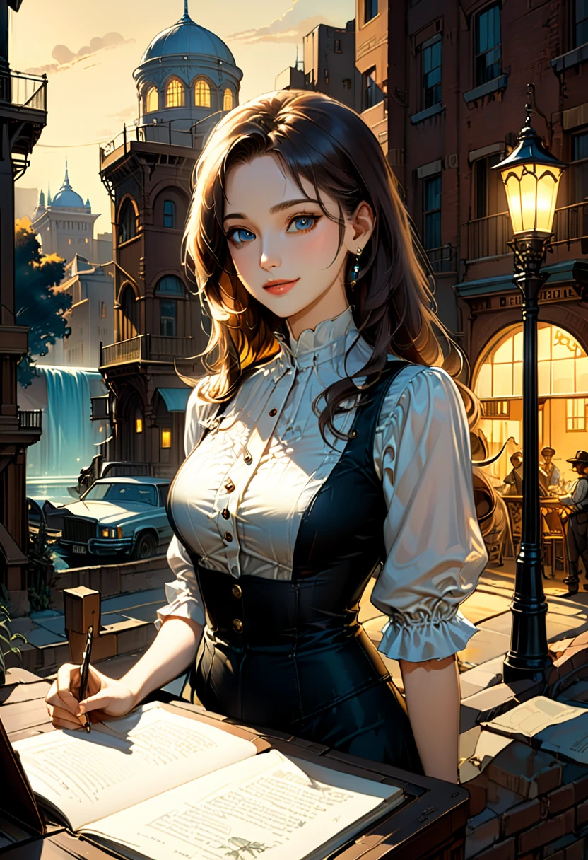 90s Cartoons, facial expression, loving, smile, upturned lips, red dead redemption art style, in the midst of a beige background, street scene with water tower, reflecting the ambient light, airy, scholarly, classic literature, soft pastels, (masterpiece, best quality, Professional, perfect composition, very aesthetic, absurdres, ultra-detailed, intricate details:1.3)