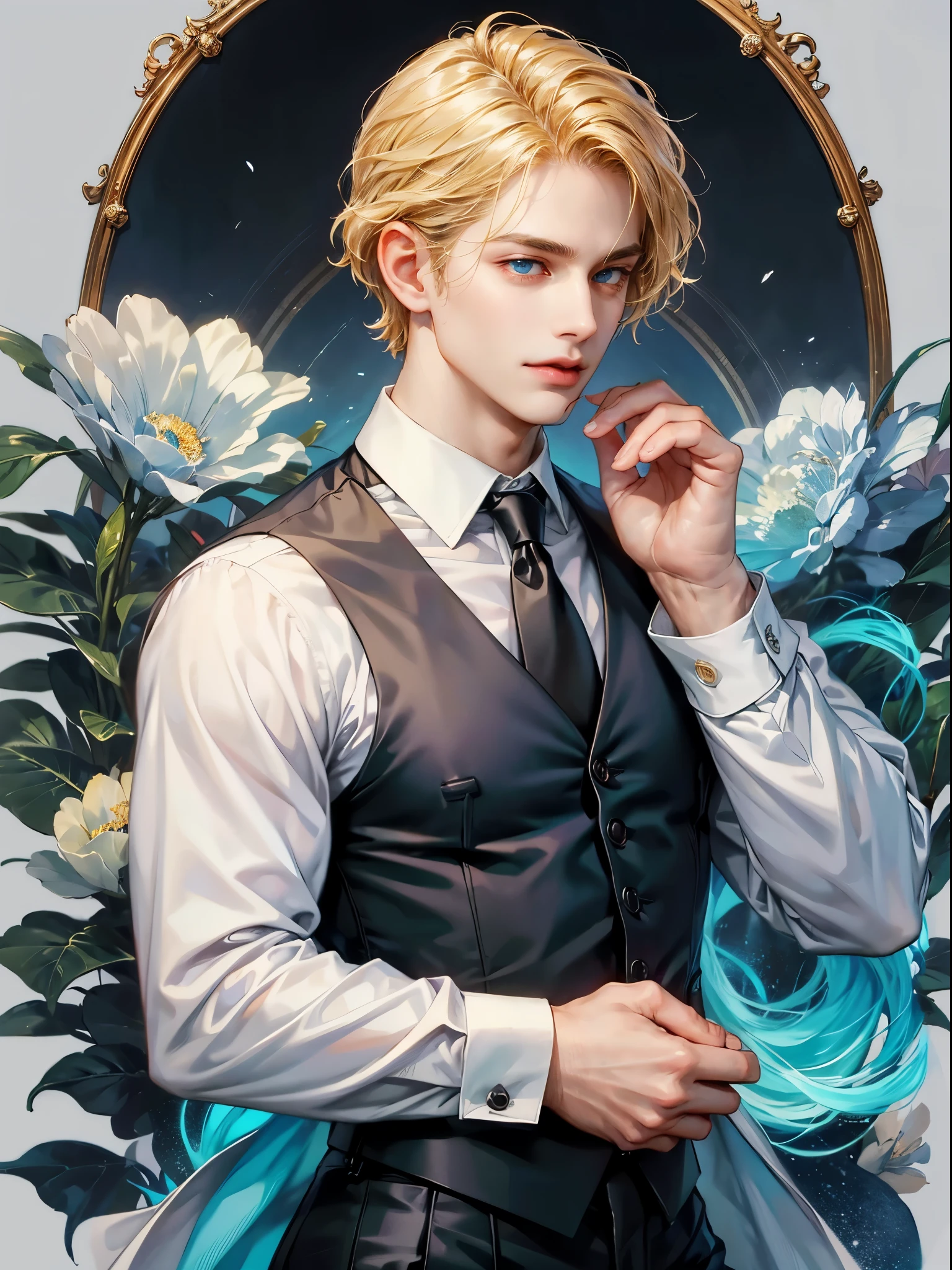 He wears white shirt with black vest. Handsome guy, detailed eyes, detailed face, detailed hands, he looks at the viewer. Full figure. Background rainbows