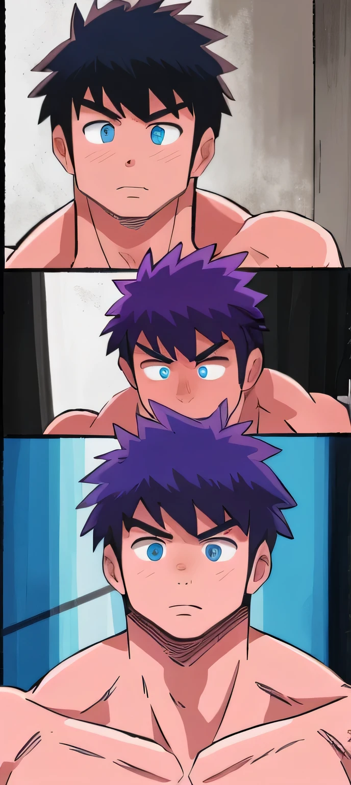 (tmasterpiece,Best quality at best,absurd res),1 person,Naked boys,is shy,Be red in the face,Shy,musculous,Detailed eyes,nakeness,(nakeness),eBlue eyes,Bare topless,Upper body body,short blue-purple hair,(fluorescent light),(a color),((abstract backgrounds))