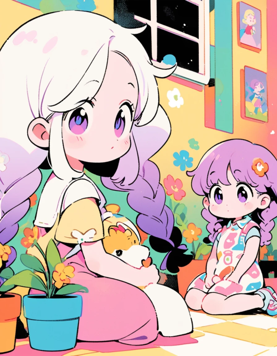 Best Quality,Official art,Wallpapers,90s Cartoons,Slight retro color,riso print style,Illustration,Cute,(2 girls),yinji, (purple hair, purple eyes, long hair, white hair, double braids, gradient hair),Flowers,Window,flower pots,hand drawn style,children's illustrations,flat illustrations,