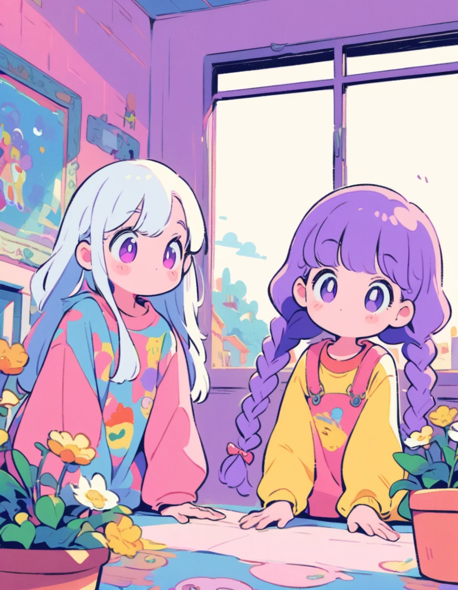 Best Quality,Official art,Wallpapers,90s Cartoons,Slight retro color,riso print style,Illustration,Cute,(2 girls),yinji, (purple hair, purple eyes, long hair, white hair, double braids, gradient hair),Flowers,Window,flower pots,hand drawn style,children's illustrations,flat illustrations,